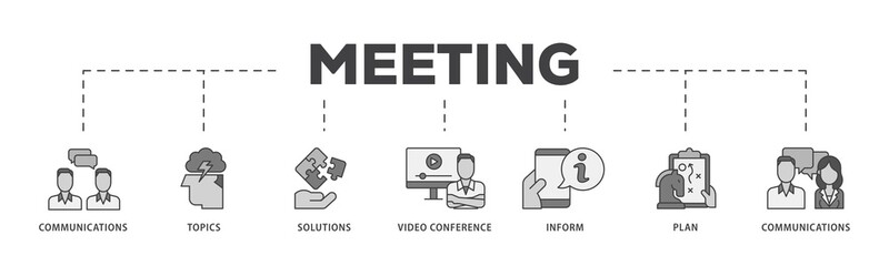 Meeting icon infographic illustration concept with icon of communications, topics, solutions, plan, inform and video conference  icon png and easy to edit 