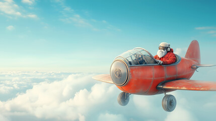 A jolly figure dressed as Santa piloting a small red aircraft high above soft, white clouds, enjoying a bright blue sky on a clear day.