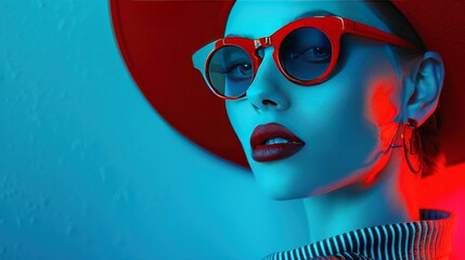 Stylish Woman in Red Sunglasses and Hat Under Neon Lights