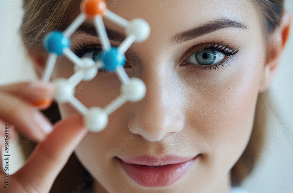 Poster A close-up shot of an attractive female scientist holding up and examining a model chemical structure, against a white background