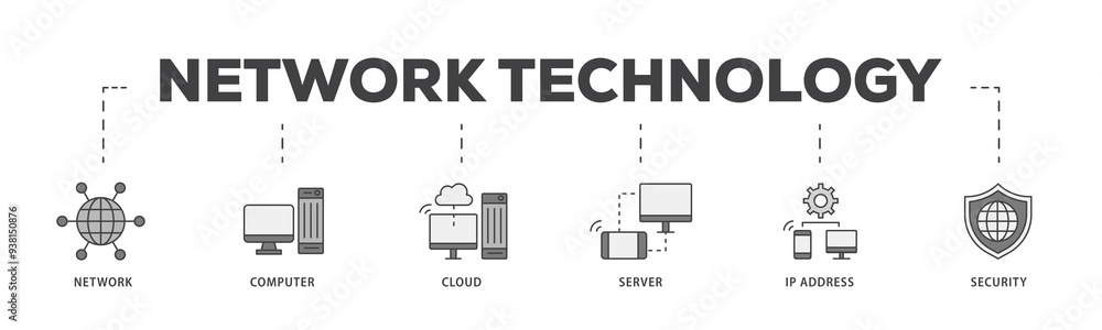 Poster network technology icon infographic illustration concept with icon of network, computer, cloud, serv