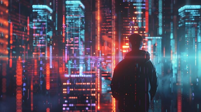 Hacker with neon code projections from natural gas creating a holographic field