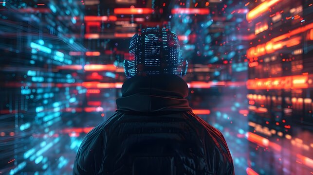 Hacker with neon code projections from natural gas creating a holographic field