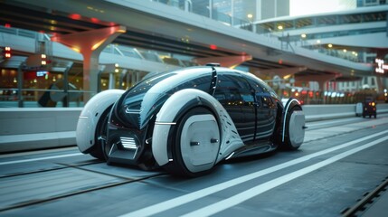 Futuristic Electric Car Driving on Modern City Street