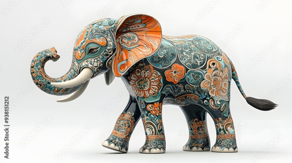 Poster 8. **a 3d render of a ceramic tile art featuring a charming elephant with ornamental patterns and te