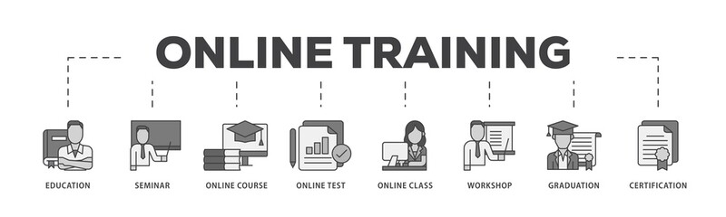 Online training icon infographic illustration concept with icon of education, seminar, online course, online test, online class, workshop, graduation, certification icon png and easy to edit 
