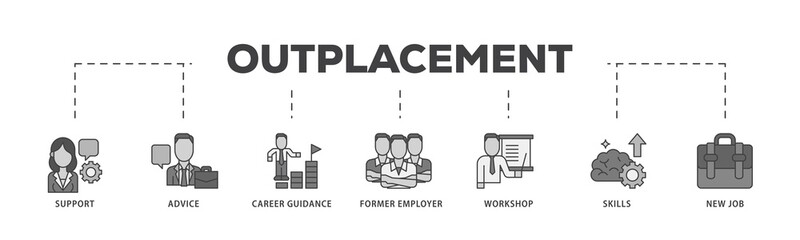 Outplacement icon infographic illustration concept with icon of mer employer, workshop, skills, new job, training, and presentation icon png and easy to edit 