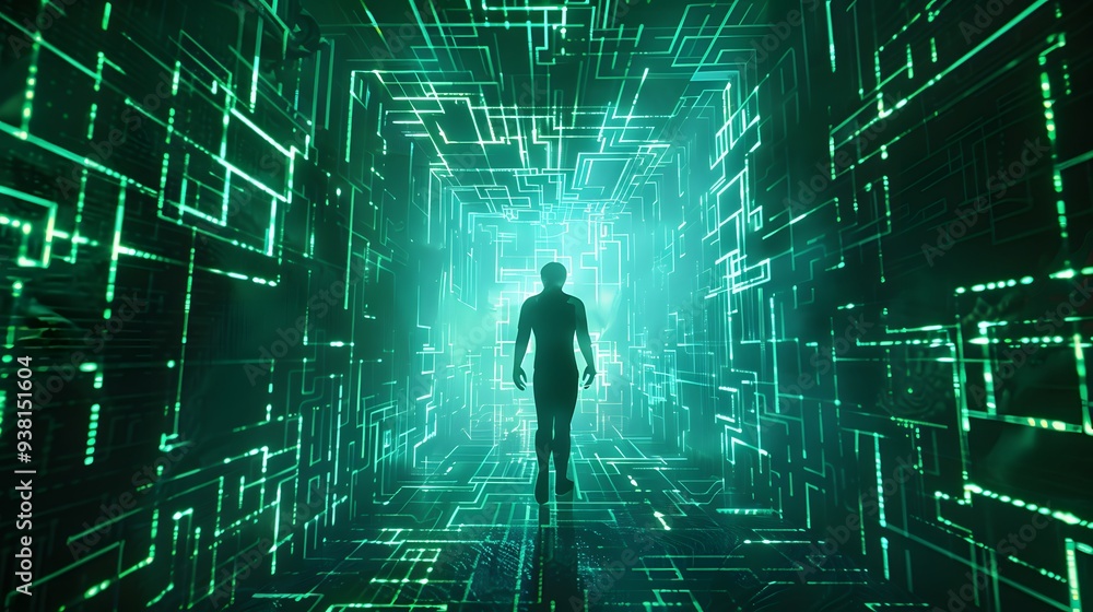 Aufkleber hacker with neon code projections from natural gas forming a digital labyrinth