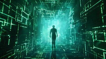 Hacker with neon code projections from natural gas forming a digital labyrinth