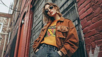 Fashionable young woman posing in a trendy urban alley, wearing sunglasses, a graphic tee, and a vintage jacket.