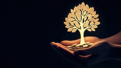 Hands holding a glowing tree of coins, symbolizing money growth, 3D illustration