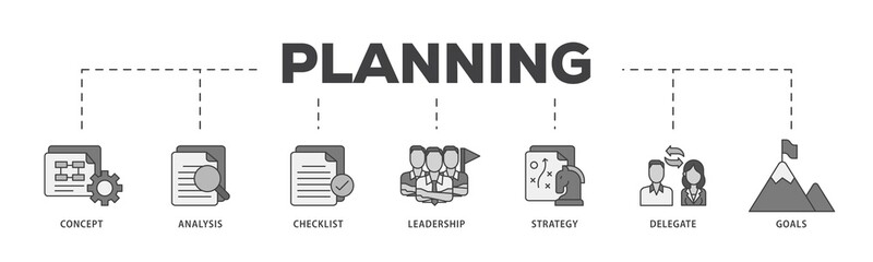 Planning icon infographic illustration concept with icon of concept, analysis, checklist, leadership, strategy, delegate and goals icon png and easy to edit 