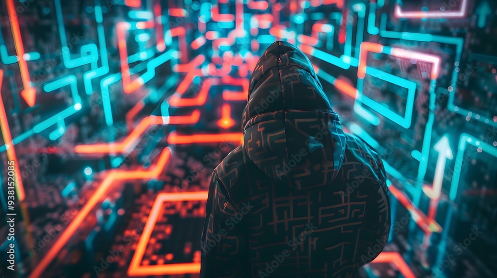 Poster hacker with neon code projections from natural gas forming a digital labyrinth