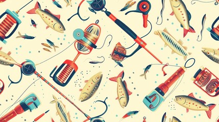 Fishing Tackle and Fish Seamless Pattern