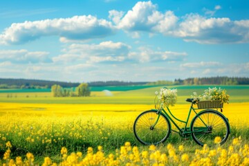 A vintage green bicycle rests in a bright yellow field under a blue sky. This image captures the essence of summer and outdoor adventures. Perfect for lifestyle themes. Generative AI