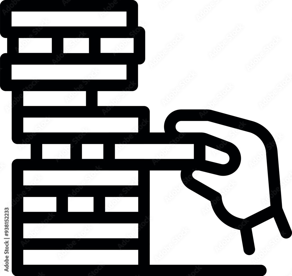 Poster hand is carefully removing a block from a tall tower of wooden blocks, representing strategy and ris
