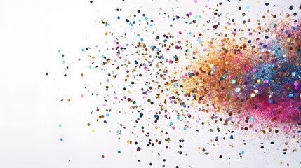 Fototapeta premium Glitter Explosion: A burst of glitter particles in various colors, shimmering as they spread out against a white background. 