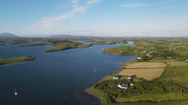 Drone shot showing the blue Atlantic sea and green landscape at Clew Bay, Westport, Mayo, Ireland.