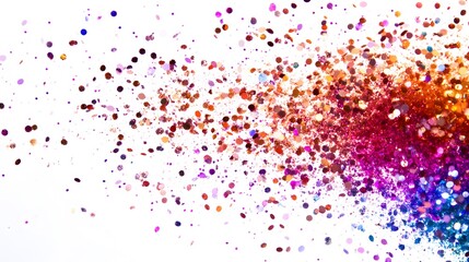 Obraz premium Glitter Explosion: A burst of glitter particles in various colors, shimmering as they spread out against a white background. 
