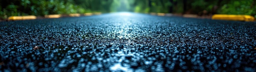 Freshly applied black sealcoat glistens on a newly restored asphalt driveway, with clean edges and subtle texture visible.