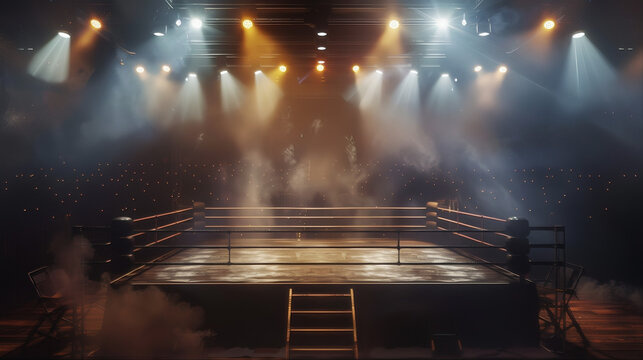 Empty boxing ring in a dark arena with bright spotlights, dramatic wrestling ring with smoke and hazy atmosphere, cinematic sports arena background