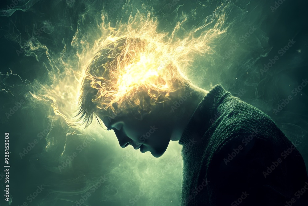 Poster Man with Glowing Neural Network Representing Cognitive Power Neural Activity and the Intensity of Thought in a Dark Abstract Setting