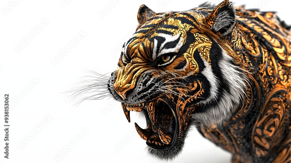 Poster 12. **a realistic 3d render of a ceramic tile art depicting a fierce tiger with intricate patterns a