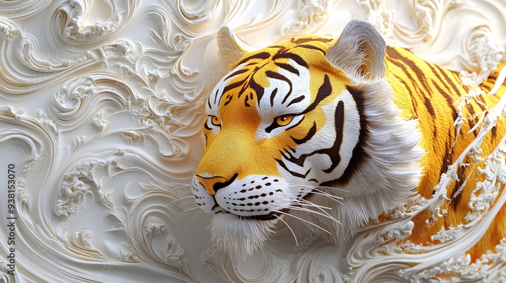 Poster 12. **a realistic 3d render of a ceramic tile art depicting a fierce tiger with intricate patterns a