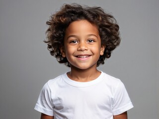 Сhild wearing white t-shirt, mockup for design template