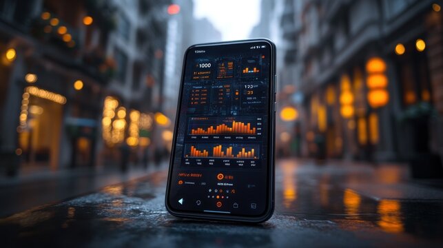 Smartphone with Data Analytics Displayed on City Street - Powered by Adobe