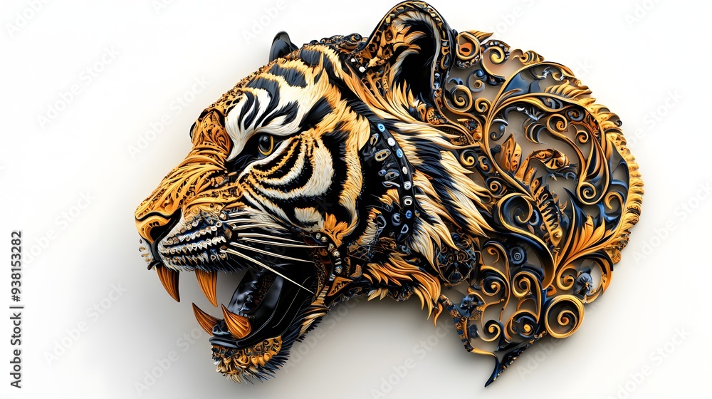 Poster 12. **a realistic 3d render of a ceramic tile art depicting a fierce tiger with intricate patterns a