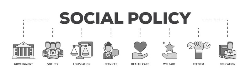 Social policy icon infographic illustration concept with icon of education, reform, services, welfare, health care ,legislation, society, government icon png and easy to edit 