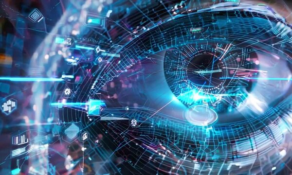 Close-up of a cybernetic eye surrounded by digital networks and blue light, representing advanced technology and AI 