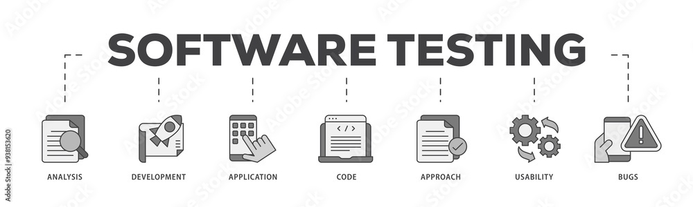 Poster software testing icon infographic illustration concept with icon of bugs, code, usability, approach,