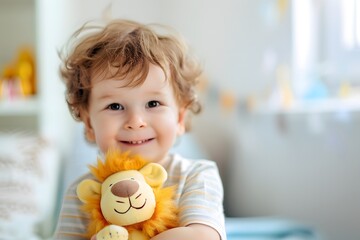 Young boy with stuffed toy lion