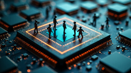 A group of miniature figures is positioned on a brightly lit microchip during a technology expo, symbolizing the fusion of innovation and human ingenuity in the tech world