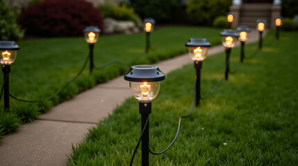The garden pathway is beautifully lit by solar lights casting a warm glow, creating an inviting atmosphere in the evening twilight of a suburban backyard