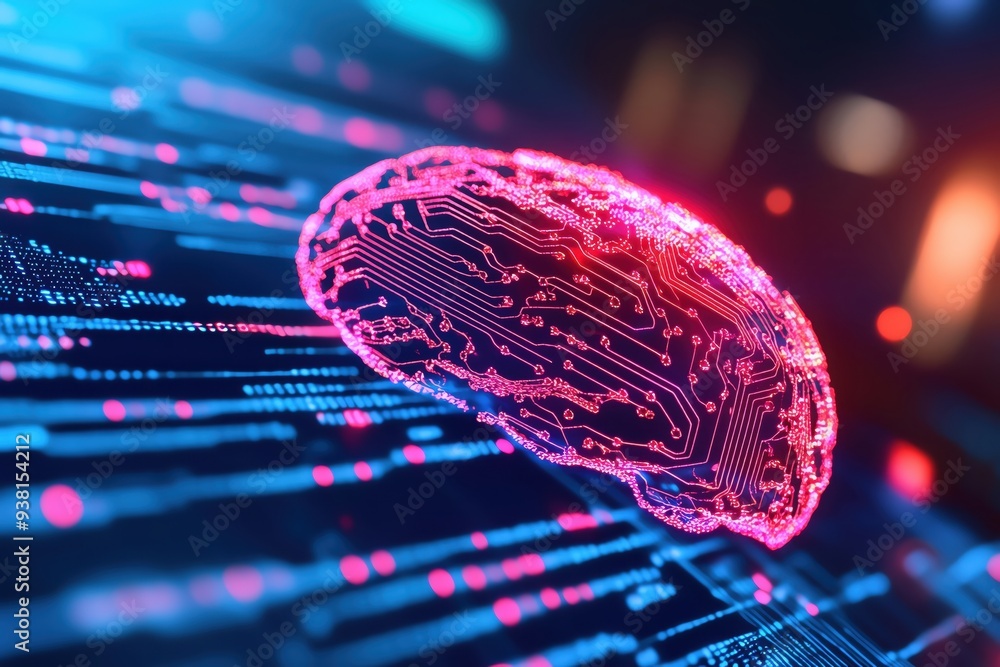 Poster a futuristic digital brain with luminous circuits, representing artificial intelligence and data pro