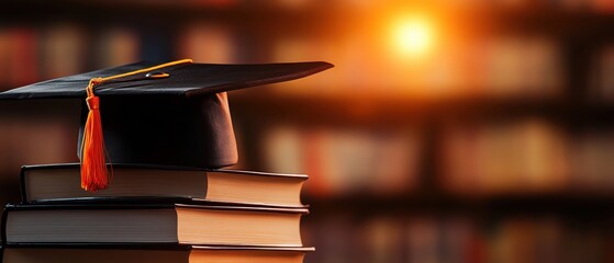 A graduation cap rests on a stack of books in a warm-lit library, symbolizing education and academic achievement.