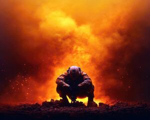 Fototapeta premium A lone soldier squats in the shadows of an explosive backdrop, symbolizing courage and resolve in the face of destruction. The atmosphere is thick with intensity and emotion.