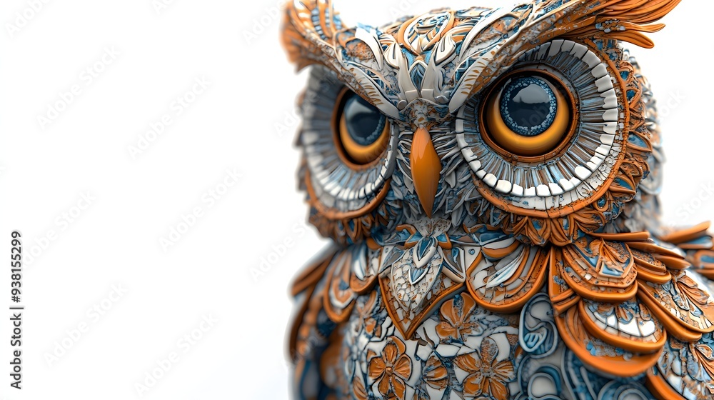 Poster 1. **a 3d render of a ceramic tile art featuring a detailed owl with intricate patterns and textures