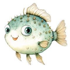 Cute Spiky Fish Illustration: A whimsical and charming illustration of a spiky fish with big eyes and a happy smile, perfect for children's books, educational materials, or fun designs. 