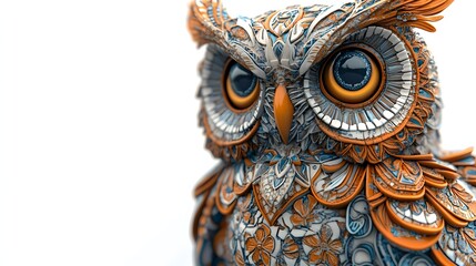 Fototapeta premium 1. **A 3D render of a ceramic tile art featuring a detailed owl with intricate patterns and textures, isolated on a white background