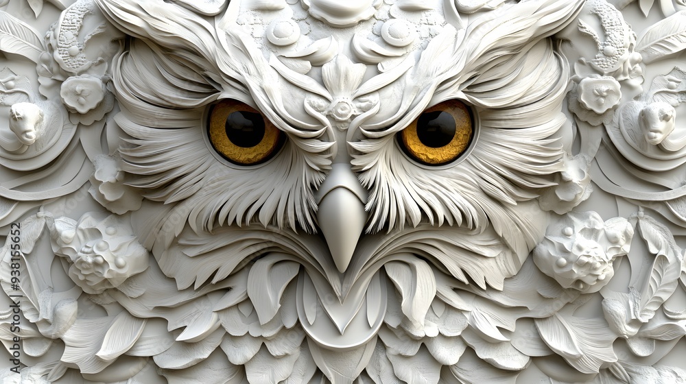 Poster 1. **a 3d render of a ceramic tile art featuring a detailed owl with intricate patterns and textures
