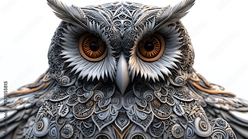 Poster 1. **a 3d render of a ceramic tile art featuring a detailed owl with intricate patterns and textures