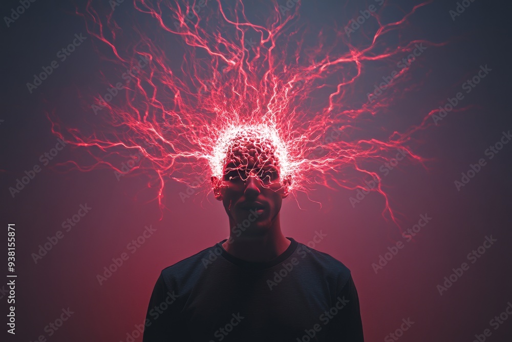 Poster man with an electrifying brain visualization representing cognitive power intensity of thought and t