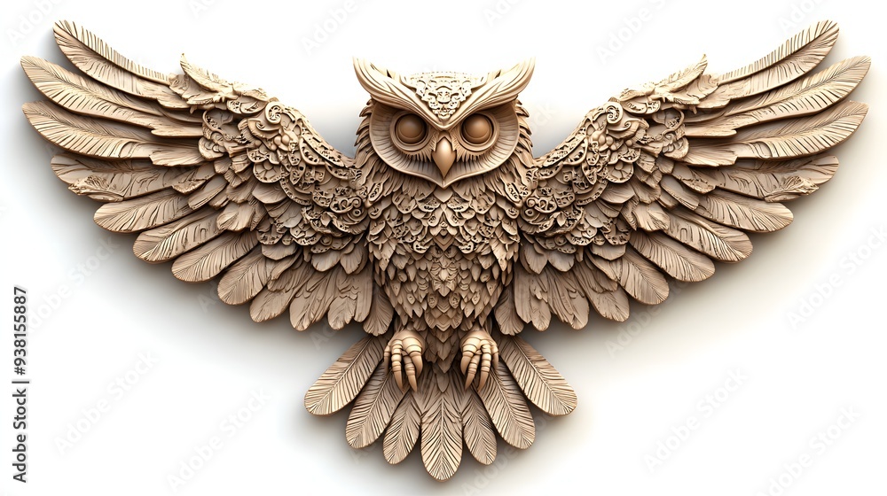 Poster 1. **a 3d render of a ceramic tile art featuring a detailed owl with intricate patterns and textures
