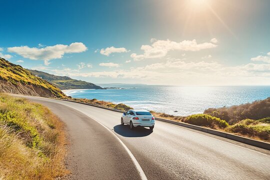 A white car is driving down a road near the ocean