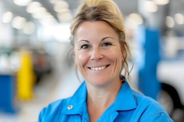 Fototapeta premium Portrait of a female mechanic working on a car engine in a car repair shop. 