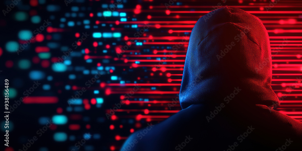 Poster in a visually striking representation, a hooded figure confronts a cascade of vibrant data streams, 